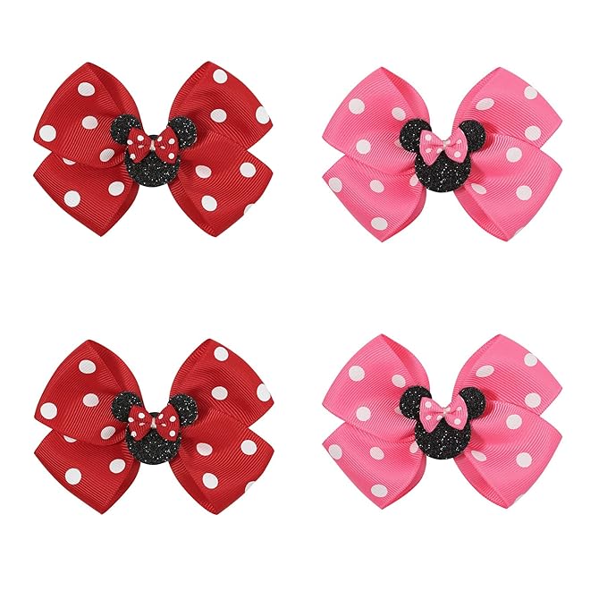 Ayesha Mouse Ears Hair Clips, 4PCS Grosgrain Ribbon Mouse Bow Hair Clips, Polka Dot Bows for Girls, Hair Accessories for Baby Girls, Toddler Kids, Costume Party, Daily Use