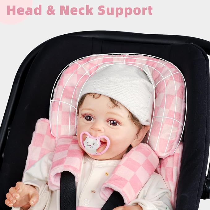 4 in 1 Infant Car Seat Insert, Baby Car Seat Head Body Support for Girls & Boys, Reversible Newborn Car Seat Insert with 3 Extra Strap Paddings, Premature Car Seat Cushion (Pink)