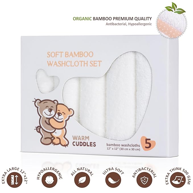 Soft Baby Washcloths Set - Absorbent Natural Baby Wash Cloth for Delicate Skin - 12"x12" Large Baby Bath Washcloths - Newborn Bath Face Towel (White)