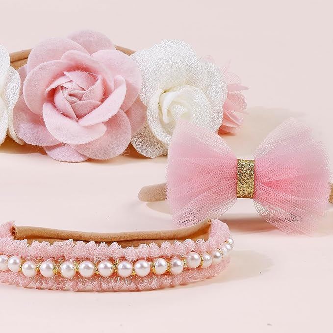 XuoAz Baby Girls Floral Headbands Set-Flower Crown Elastic Hairband for Newborn Toddler Hair Accessories (Pack of 10)