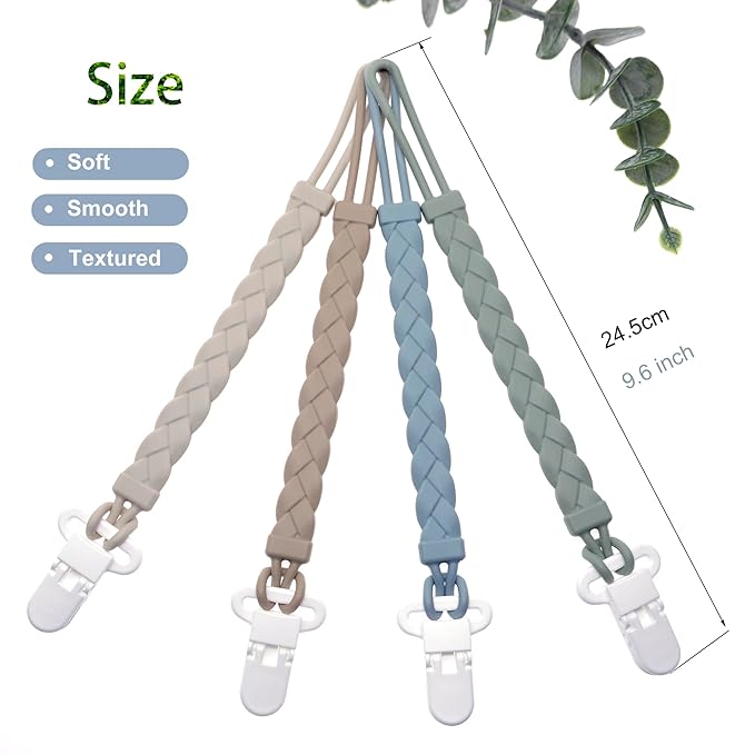 Silicone Pacifier Clips Baby Boys Girls, 4-Pack Flexible Woven Rope Braided Pacifier Clip Holder for Baby Essentials, Newborn Paci Binky Clips (Boy's Color)