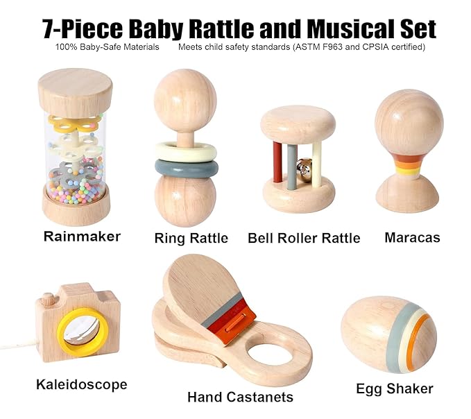 Wooden Baby Rattle Musical Set Montessori Toys for Infants 0+ Months - Rainmaker, Egg Shaker, Maracas, Ring Rattle, Bell Roller Rattle, Castanets, Kaleidoscope, Newborn Sensory Play Gift