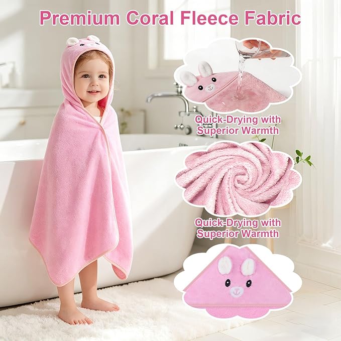 14PCS Baby Bath Towels Set for Newborn, 4PCS Animal Hooded Baby Towels(31.5''x31.5'') & 10PCS Washcloths for Toddler, Soft and Absorbent Coral Fleece, Essential Gifts for Boys & Girls