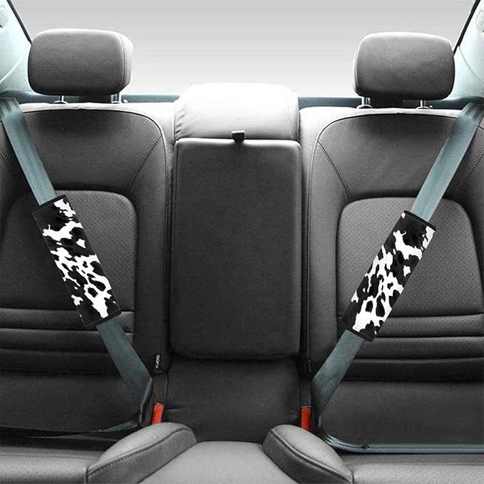 Biyejit Black White Cow 2 Pack Universal Soft and Comfortable Car Seat Belt Pads Harness Pads Pram Strap Covers Backpack Shoulder Pad Automotive Seat Belt Cushion Pad Cover for Adults