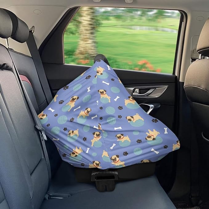 Binienty Cute Pug Infant Carseat Canopy, Dog Paw Prints Breathable Breastfeeding Scarf for Moms, Stretchy Fabric All-Season Use Baby Stroller Canopies