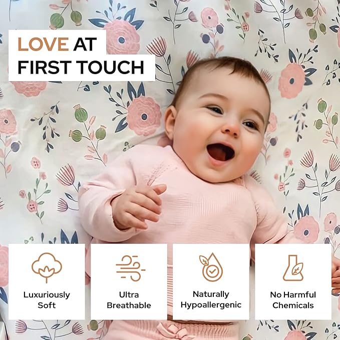 Pickle & Pumpkin Premium Organic Crib Sheet | 2 Pack 100% Organic Jersey Cotton Fitted Crib Sheets Set | Crib Bedding for Baby Girl | Toddler or Standard Crib Mattress Sheets | Pink & Floral