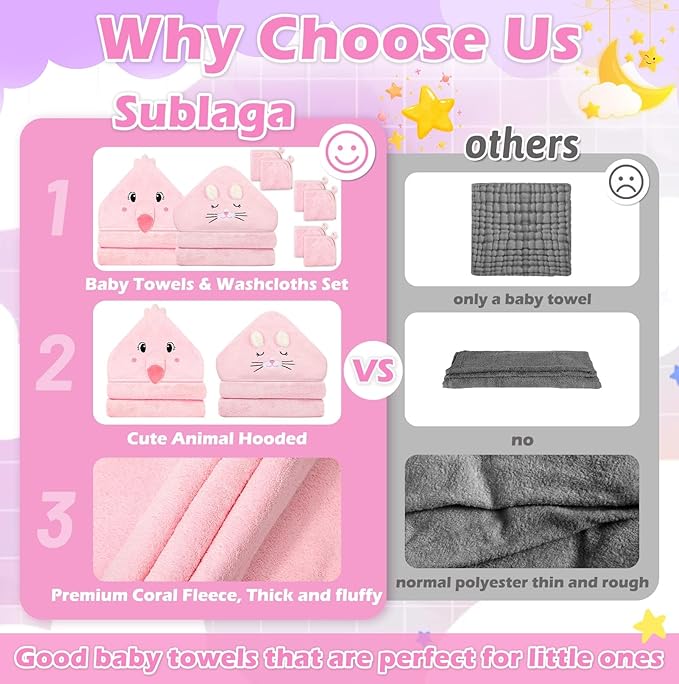 Sublaga 8 Pcs Baby Towel Set, Soft Baby Bath Towels and Washcloths Set, 2 Pcs 32x32 in Cute Baby Towel with Hood and 6 Pcs Baby Washcloths for Infants, Toddlers and Kids (Pink Kitten & Flamingo)