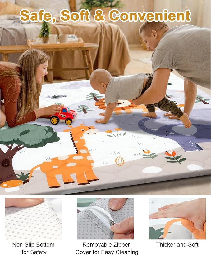 TINYHARBO Premium Foam Baby Play Mat 71" x 59" – Removable & Machine Washable Cover, Extra Thick Padding Playpen Mat, Non-Slip Crawling Mat, Easy to Clean for Infants, Toddlers & Babies