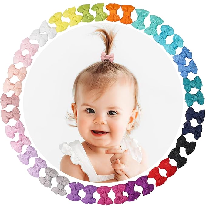 CÉLLOT 40pcs Baby Bows for Girls Mini Bow Snap Clip Baby Hair Clip Grosgrain Ribbon 1.3" Tiny Hair Bows Clips for Baby Girls Toddlers Infant Fine Thin Hair in Pairs