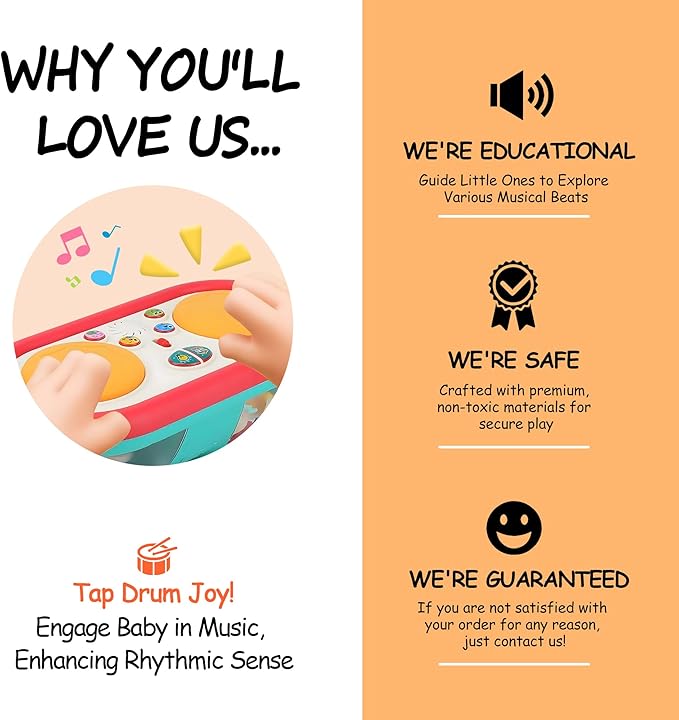Baby Toys for 6-18 Months, Musical Drum, Light Up, Tummy Time, Baby Gifts
