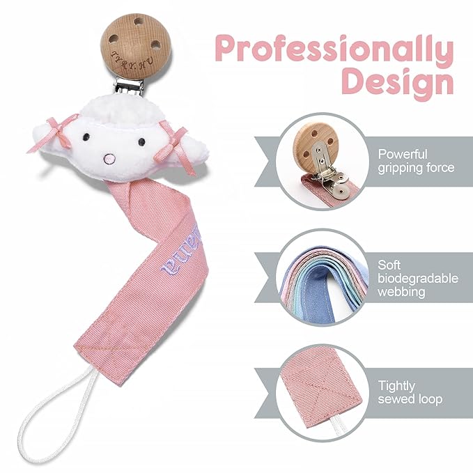 TYRY.HU Personalized Pacifier Clip with Name for Girls, Customize Pacifier Leash, Embroidery Soft Ribbon Pacifier Holder Clips, Universally Fit All Pacifiers & Toys, White Sheep
