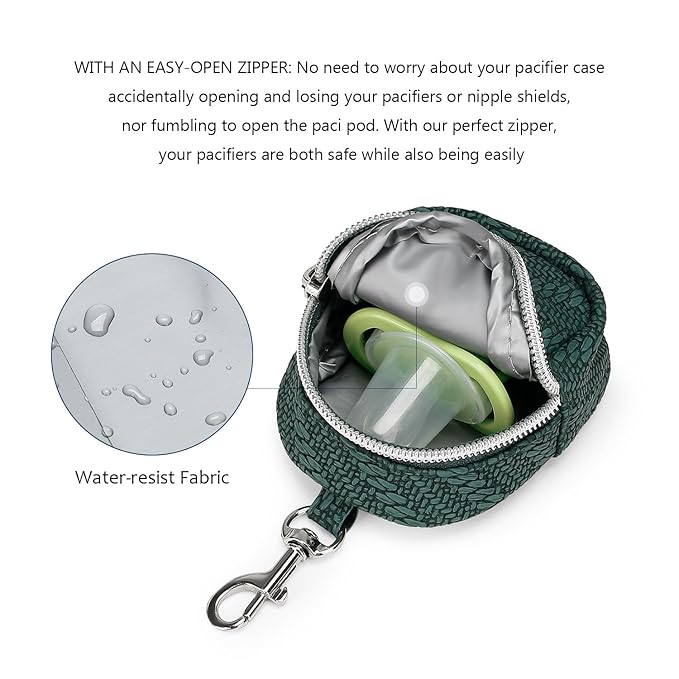 MOMIGO Pacifier Case Bag - Pacifier Holder with Clip for Diaper Bag Stroller Purse Charm, Holds 2 Pacifiers Outdoor Travel (Green)