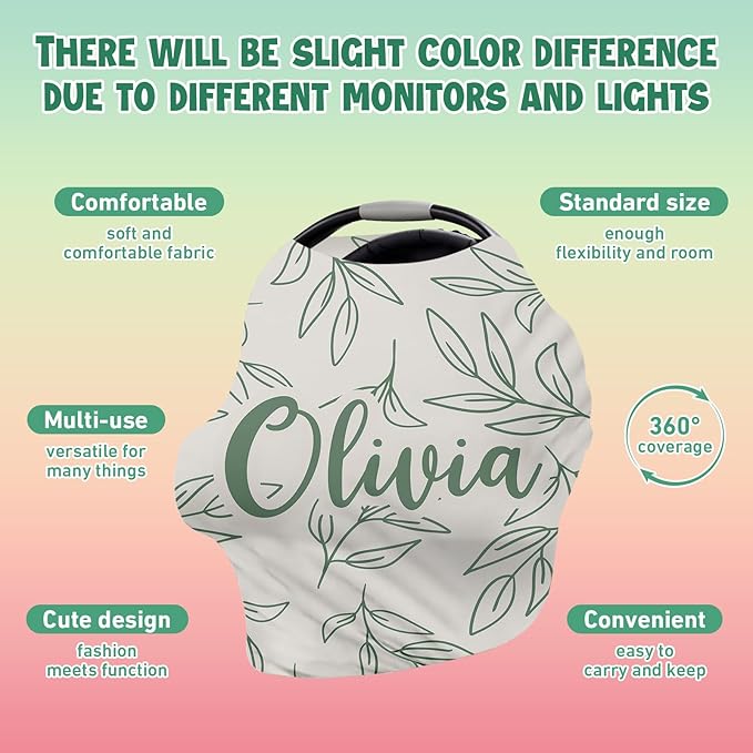 Custom Car Seat Covers for Babies - Breathable Baby Car Seat Cover for Girls Boys, Green Leaf Kick-Proof Newborn Carrier Canopy Stretchy Stroller Cover for 4 Seasons