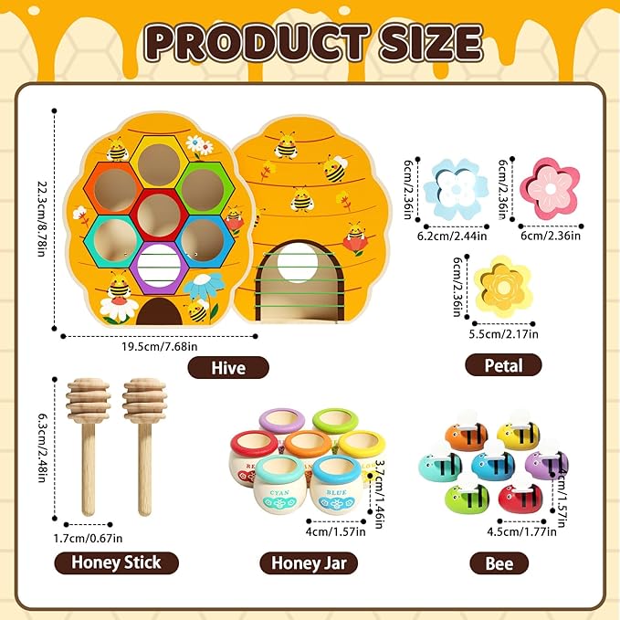 Wooden Toddler Fine Motor Skill Toy, Bee to Hive Matching Game with Honey Jar & Sticks, Montessori Color Sorting Matching Toys, Preschool Educational Learning Toys, Gift for Toddler 2 3 4