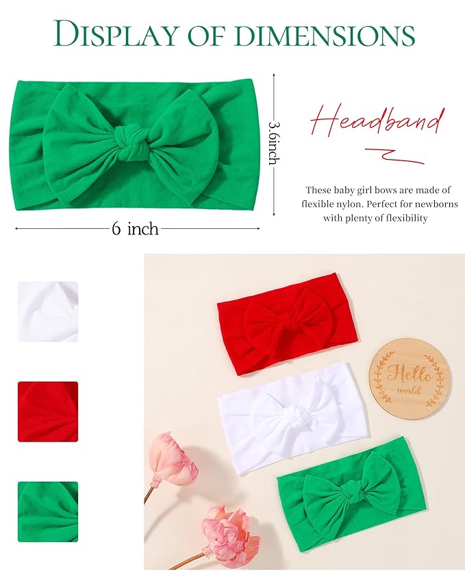 jollybows 3PCS Baby Christmas Bow Headbands Soft Nylon Baby Girl Headbands for Newborn Infant Toddler Kids Cute Bow Wide Hairbands Hair Accessories(White Green Red-Merry Christmas)