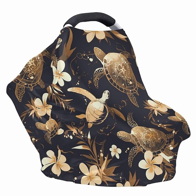 Binienty Turtle Animal Print Baby Car Seat Cover for Boys Girls, Plumeria Floral Breastfeeding Scarf Nursing Cover for Women Mom, Ideal Gifts