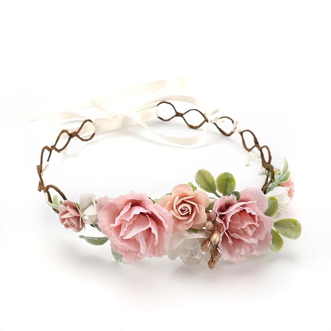 Flower Girl Flower Crown Pink Baby Girls Floral Headpieces Kids Headband Children Hair Wreath Photo Prop (Blush pink-Child Size)