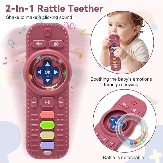 MISSLILI 2 Packs Teething Toy for Babies 0-6-9-12 Months, Silicone Baby Rattles Teether, Teething Relief Infant Toddles TV Remote Control Teether for 3-24 Months