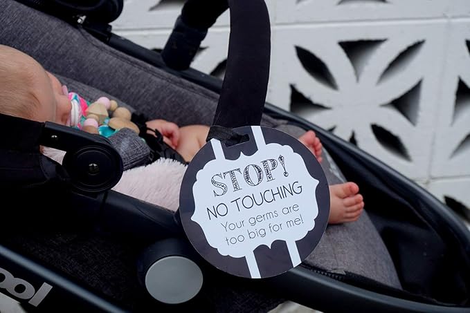 Three Little Tots Two Pack - Black and White No Touching Baby Car Seat and Stroller Signs - CPSIA Safety Tested