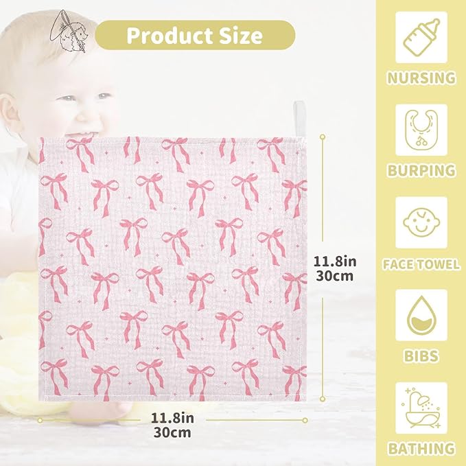 Newborn Face Towel Bow Soft Cotton Baby Washcloths 11.8 x 11.8 Inch Infants Girls Boys Muslin Burp Cloths 5 Pack