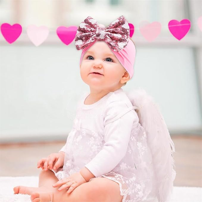 Red Pink Heart Baby Bow Headbands Sequin Bows Glitter Hair Bow for Girts Toddler Baby Headband Bows 6-24 Months.(FD104) (Heart-shaped Red)