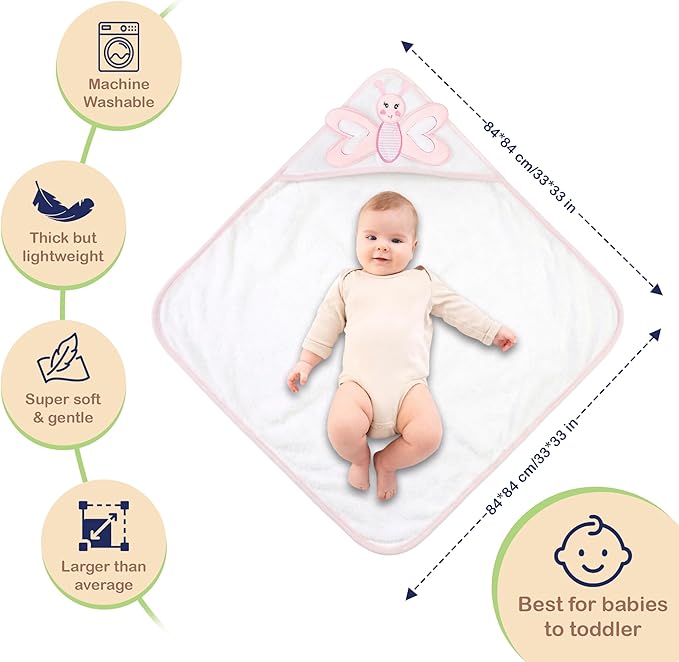 Mother's Choice Baby Towels 100% Organic Cotton Hooded Design, Large Size Baby Bath Towels, Ultra-Soft & Absorbent for Newborns, Infants, Toddlers, Boys & Girls with Animal Hood (Butterfly)