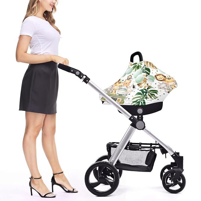 Baby Car Seat Stroller Covers Cute Animals Jungle Greenery Nursing Cover Breastfeeding Scarf Soft Breathable Stretchy Coverage Carseat Canopy Cover for Boys and Girls Soft Breathable Multi Use