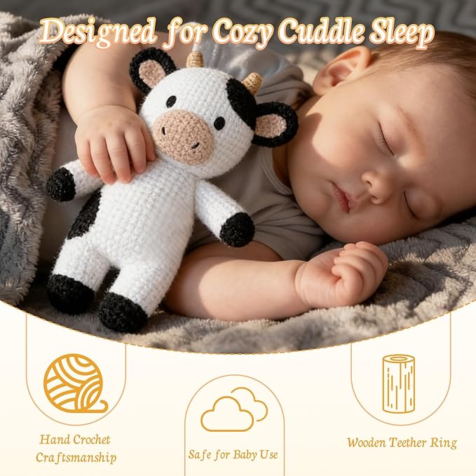 10" Handmade Crochet Cow Stuffed Animal, Baby-Safe Cotton Plush with Rattle, Hypoallergenic Toy for Newborns 0-12 Months, Ideal Baby Shower & 1st Birthday Gift