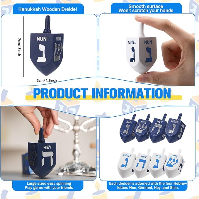 Jenaai 100 Pieces Purim Wooden Dreidel White Blue Natural Wood Dreidels for Passover Party Decorations Projects Crafts Family Fun (2.8 Inch)