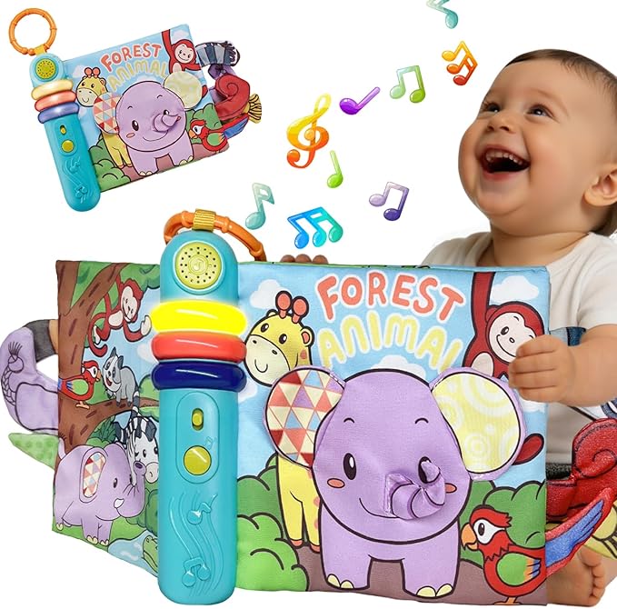 Cloth Books for Babies 0-6-12 Months, Interactive Soft Sensory Toy with Lights, Sounds & Music, Bite-Proof Educational for Newborns, Infants & Toddlers 0-3 Years (Forest Animals)