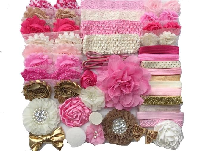 Pink and Gold Hairband Kit - Makes Over 30 Headbands, Baby Shower Headband Station, DIY Headband Kit, Includes 50-60 Pieces - For Baby Girls