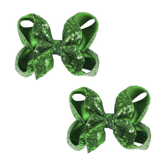 6 Inch Green Sparkly Glitter Sequin Hair Bows for Girls Toddlers Kids Children Teenage (2PCS)