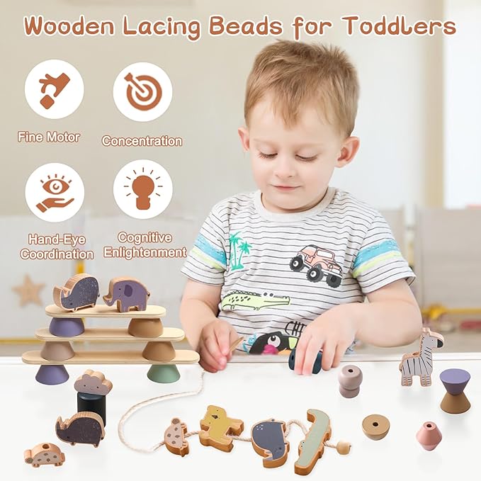 Wooden Animals Threading Toys Lacing Beads for Toddlers,Stacking Blocks Balance Game,Family Educational Preschool Learning Toy, Preschoolers Montessori Classroom Activities,Ideal Gift for Kids