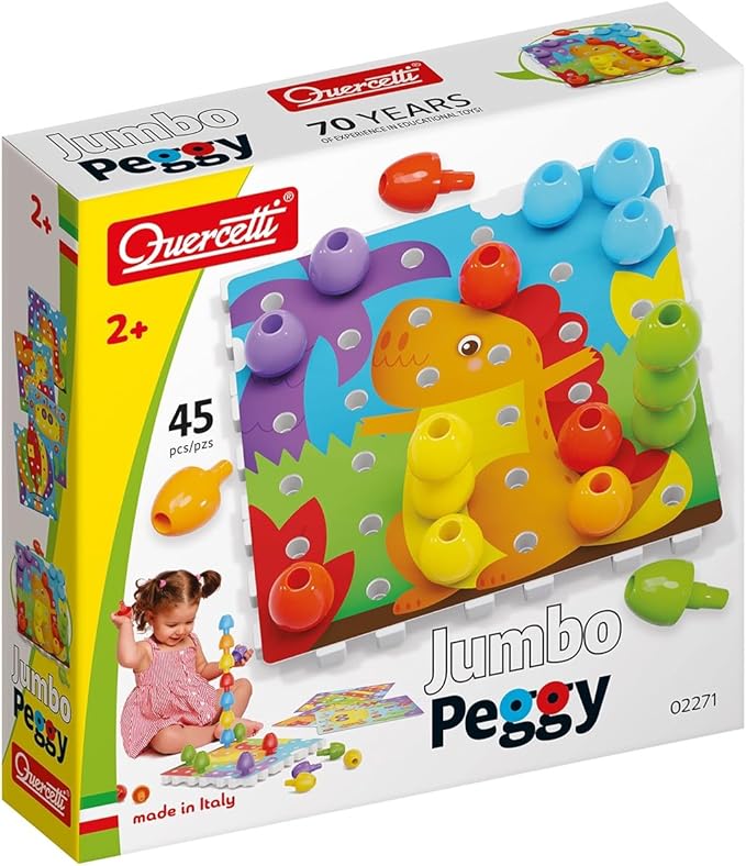Quercetti Jumbo Peggy Stacking and Button Art Toy - Medium Set includes Illustrated Pattern Cards, 9 Linking Peg Boards and 36 Multi-Color Pegs, for toddlers and kids ages 2-4 years