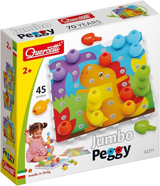 Quercetti Jumbo Peggy Stacking and Button Art Toy - Medium Set includes Illustrated Pattern Cards, 9 Linking Peg Boards and 36 Multi-Color Pegs, for toddlers and kids ages 2-4 years