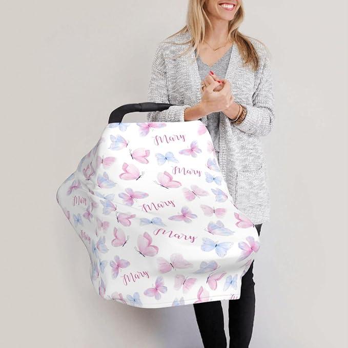 Personalized Baby Car Seat Cover for Girls, Custom Butterfly Nursing Covers for Breastfeeding with Name, Infant Stroller Cover, Baby Carseat Canopy for Newborn, Multiuse Car Seat Canopies