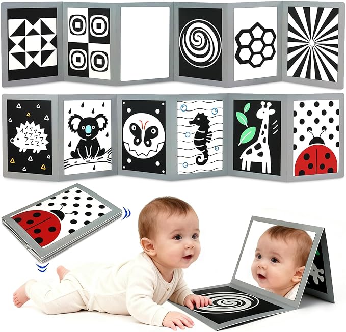 KUANGO Black and White High Contrast Tummy Time Mirror Toys Newborn Toys 0 6 Months Brain Development Infant Stimulating Sensory Baby Mirror Book 0-3 3-6 2 4 5 Months Old Baby Boy Girl Gifts