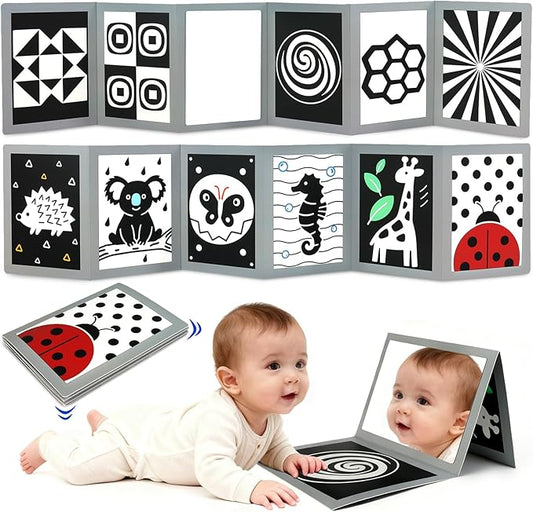 KUANGO Black and White High Contrast Tummy Time Mirror Toys Newborn Toys 0 6 Months Brain Development Infant Stimulating Sensory Baby Mirror Book 0-3 3-6 2 4 5 Months Old Baby Boy Girl Gifts