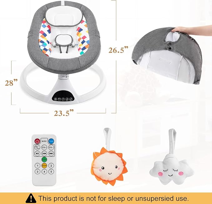 Soobaby Baby Swing for Infants,Electric Swing for Babies,Portable Swing for Baby Boy Girl,Remote Control Indoor Baby Rocker with 5 Sway Speeds,Music and Bluetooth,Deep Gray
