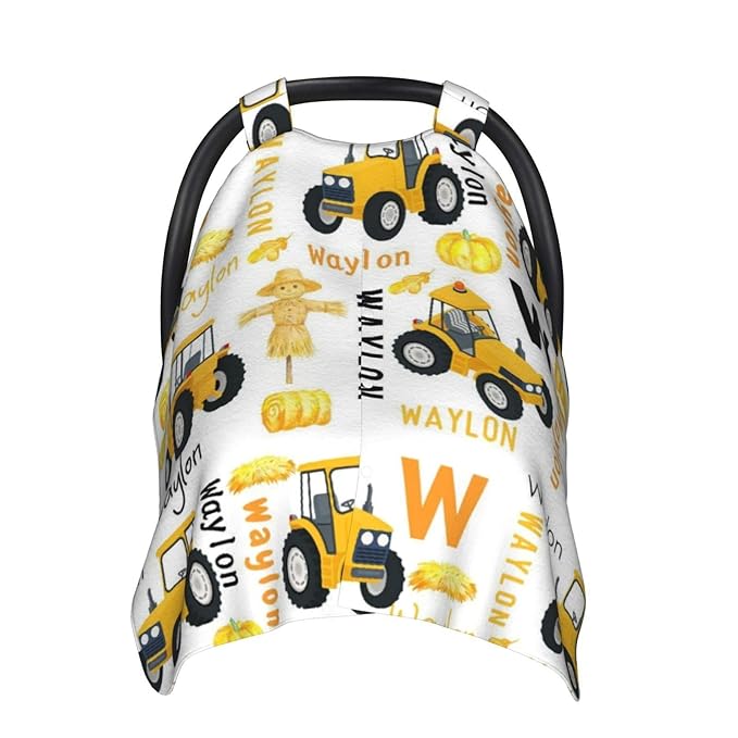 Personalized Tractor Baby Car Seat Cover for Boys, Custom Strollers Carseat Canopy with Name, Nursing Covers for Breastfeeding, Tractor Car Seat Canopies for Newborn Infant, New Mom Gifts