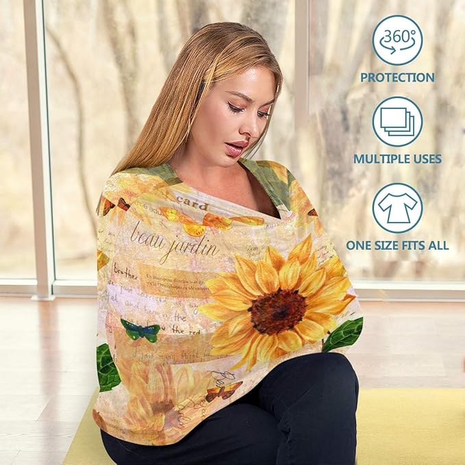 Vintage Yellow Sunflower and Butterfly Baby Car Seat Covers, Nursing Cover Breastfeeding Scarf Soft Breathable Stretchy Coverage, Infant Stroller Cover for Boys Girls