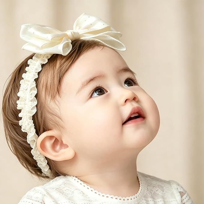 Handmade Baby Girl Headbands in Beige Baby Bows and Floral Lace Headband Bows for Newborns and Toddlers Cute Baby Girl Bows and Newborn Headband Bows