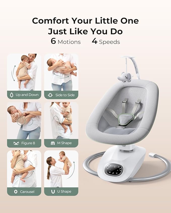 Momcozy CocoSway Baby Swing, Electric Swing for Infants with 180° Rotating Seat, 6 Soothing Sway Motions & 4 Speeds, Remote & Touchscreen, 8 Preset Lullabies, Grey
