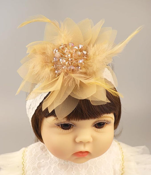 Bethynas Baby Girls Lace Feather Headband Beads Gauze Flower Elastic Toddler Hairband Birthday Party Princess Hair Accessories for Newborn Infant (Gold)