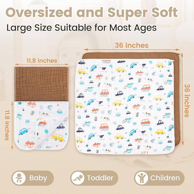 Hooded Baby Towels for Newborn, 2 Pack 36x36 Inch Muslin Cotton Baby Bath Towel and 12x12 Inch Washcloth Set with Hood for Babies, Toddler and Kids, Essentials Must Haves (Grey and Green)