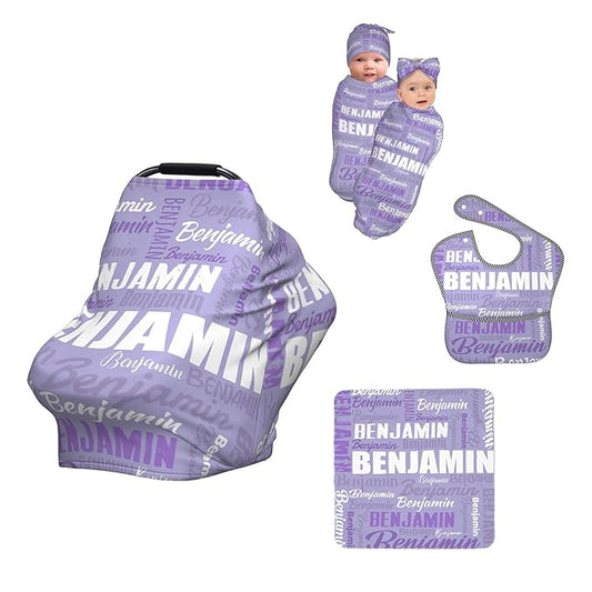 Personalized Baby Car Seat Cover for Boys Girls, Custom Monogram Nursing Covers for Breastfeeding with Name, Infant Stroller Cover, Optional Baby Bib, Baby Swaddle Set for Newborn Infant
