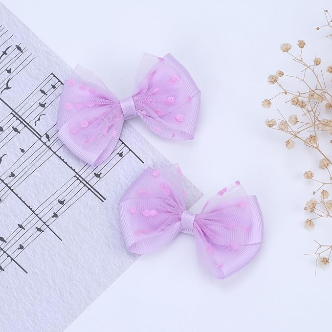 Tiny 3 Inch Dot Organza Double Hair Bow Clips - Cute Lined Boutique Alligator Hairpin for Girls, Toddlers, and Little Teens - Kids Barrettes Set of 2 Small Stylish (Purple)