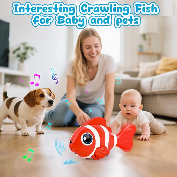 Crawling Fish Baby Toys, Novelty Tummy Time Toys for Babies 6-12 Months, Magic Swinging Fish Crawling Toys for Infant Toddler Learning Crawl Walking Dancing Easter Basket Stuffers 1st Birthday Gift