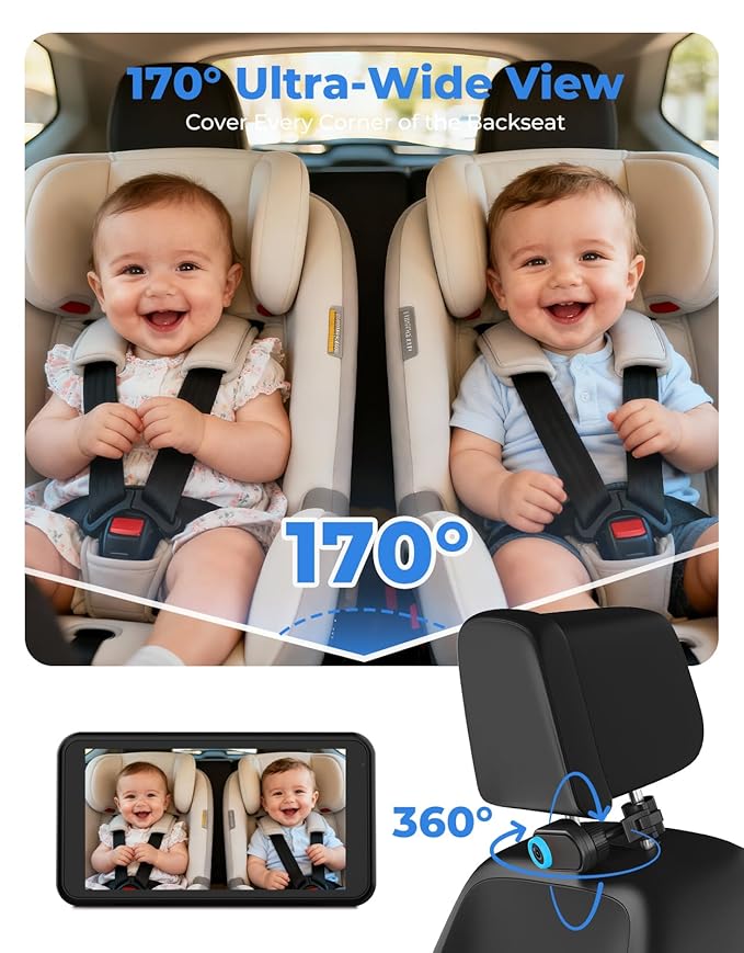 LUCKVIEW BM2A Baby Car Camera – 3X Zoom to See Baby Clearly, 5.2" 1080P Display & Auto IR Night Vision, Rear-Facing View Monitor, Easy Install for Parents & Pet Owners
