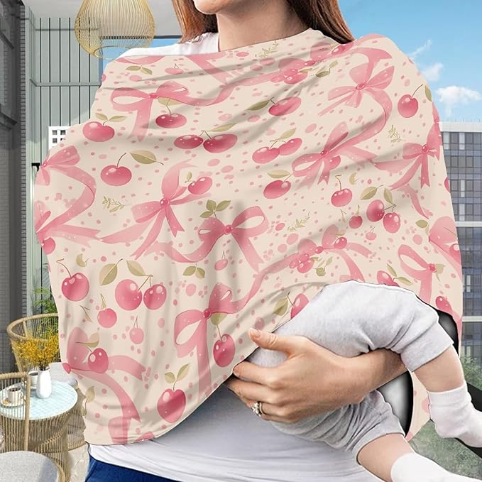 AFPANQZ Cherry Pin Bowknot Baby Car Seat Cover Canopy and Nursing Cover Infant Car Canopy Spring Autumn Winter Snug Warm Breathable Windproof Open Peep Top
